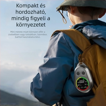 Hordozható elektrokémiai szén-monoxid detektor beépített riasztással, szabadban történő kempingezéshez; megméri a légköri nyomást, magasságot, hőmérsékletet és páratartalmat.