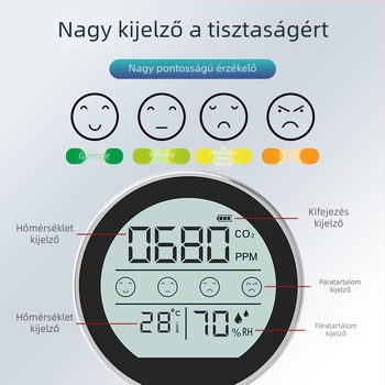 NDIR CO2 detektor hőmérséklet- és páratartalom-méréssel, fém modell P8, 400–5000 ppm tartomány, 5% pontosság, 1 ppm felbontás, USB-C tápegység