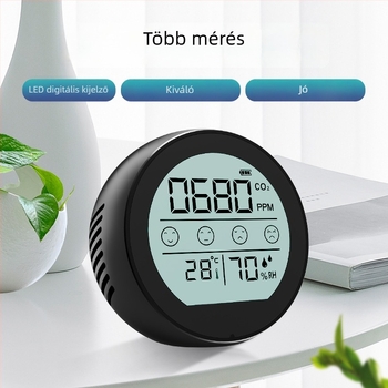 NDIR CO2 detektor hőmérséklet- és páratartalom-méréssel, fém modell P8, 400–5000 ppm tartomány, 5% pontosság, 1 ppm felbontás, USB-C tápegység