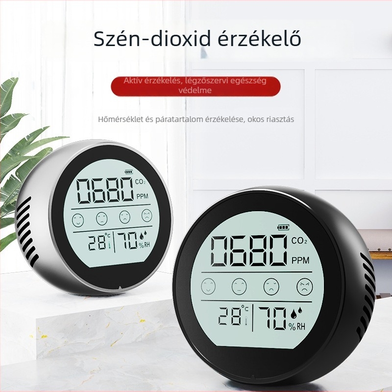 NDIR CO2 detektor hőmérséklet- és páratartalom-méréssel, fém modell P8, 400–5000 ppm tartomány, 5% pontosság, 1 ppm felbontás, USB-C tápegység