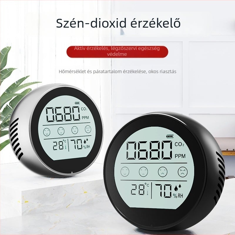 NDIR CO2 detektor hőmérséklet- és páratartalom-méréssel, fém modell P8, 400–5000 ppm tartomány, 5% pontosság, 1 ppm felbontás, USB-C tápegység