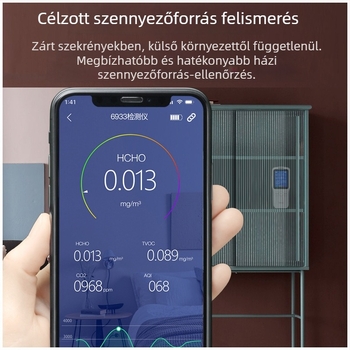 WP6933 Beltéri levegőminőség-mérő — Formaldehid 0–1.999 mg/m3, TVOC 0–9.999 mg/m3, CO2 400–2000 ppm (USB tápegység)