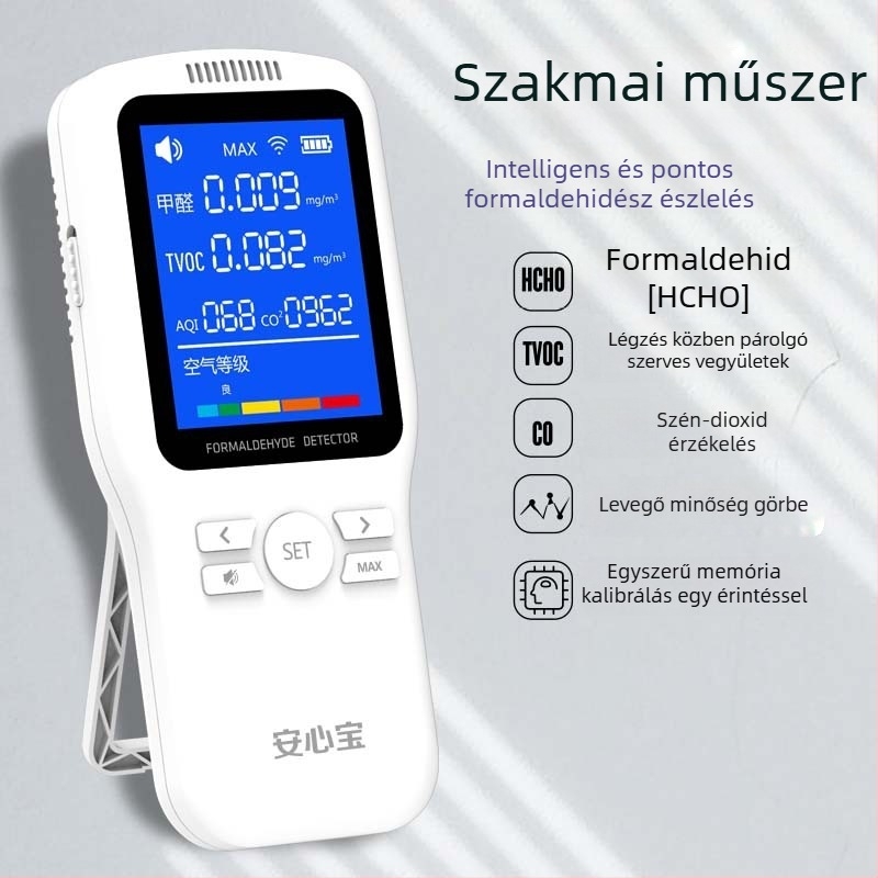 WP6933 Beltéri levegőminőség-mérő — Formaldehid 0–1.999 mg/m3, TVOC 0–9.999 mg/m3, CO2 400–2000 ppm (USB tápegység)