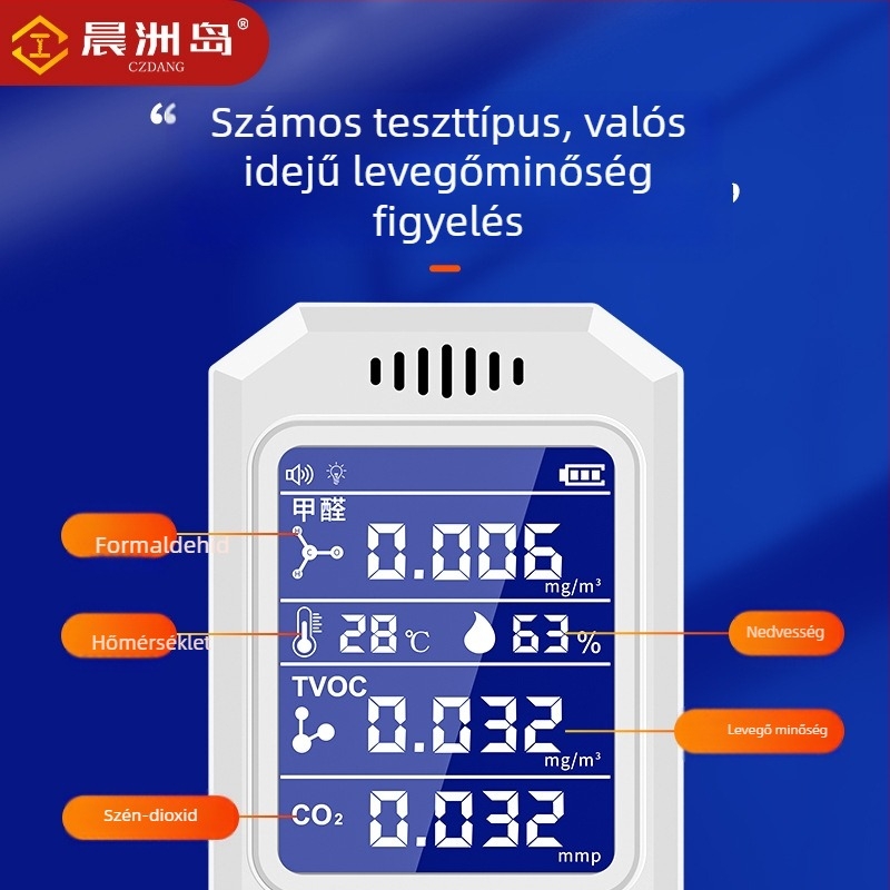 Légminőség‑detektor formaldehid és CO2, VOC; USB töltés; kompakt méret 147×65×25 mm (HCHO 0–1.999 mg/m3, TVOC 0–9.999 mg/m3)