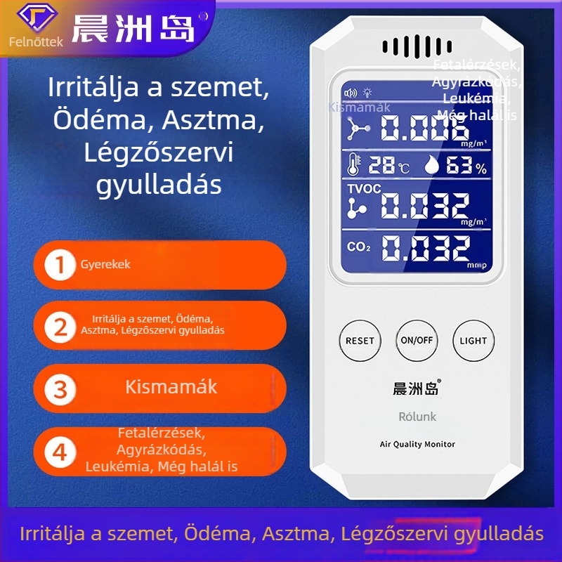 Légminőség‑detektor formaldehid és CO2, VOC; USB töltés; kompakt méret 147×65×25 mm (HCHO 0–1.999 mg/m3, TVOC 0–9.999 mg/m3)