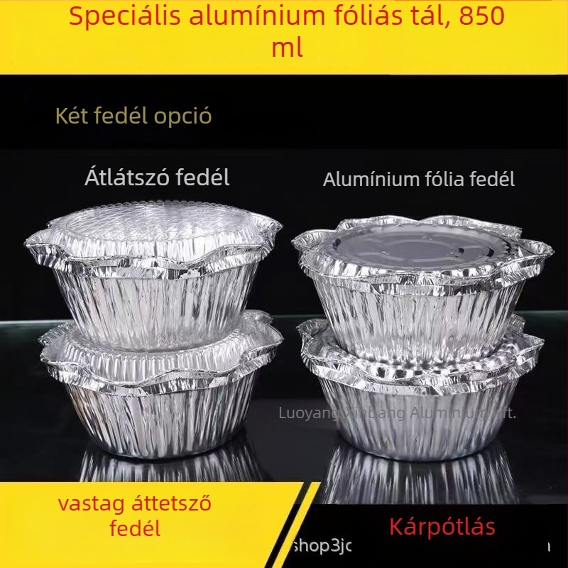 Egyszer használatos kerek alumíniumfólia tál fedővel – nem mikrohullámú sütőben használható, 1000 darabos készlet, logónyomás lehetséges, testreszabható