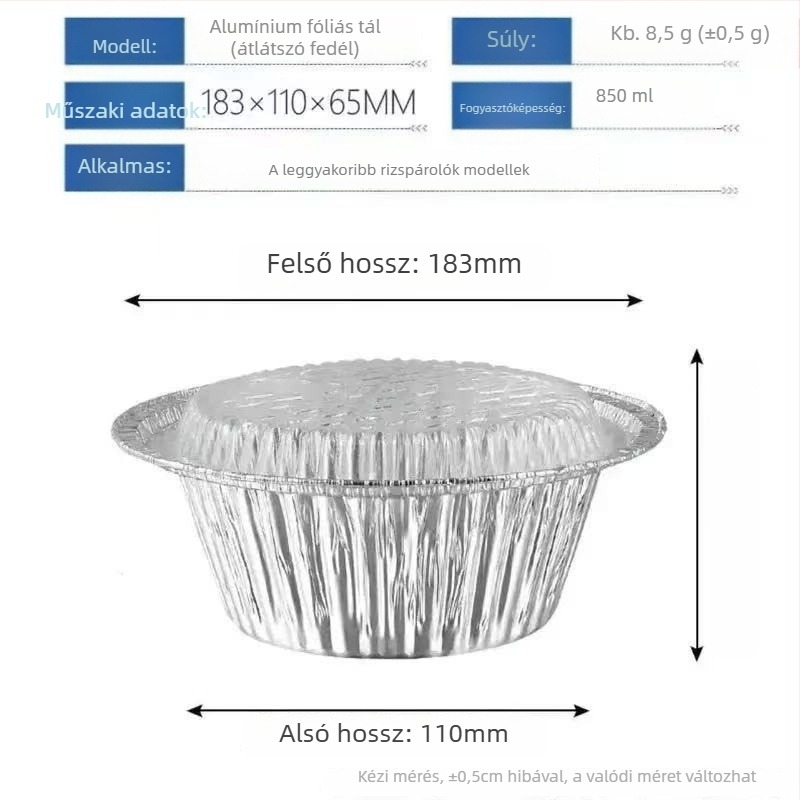 Egyszer használatos kerek alumíniumfólia tál fedővel – nem mikrohullámú sütőben használható, 1000 darabos készlet, logónyomás lehetséges, testreszabható