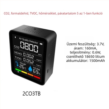 Bluetooth-képes CO2-detektor TVOC és formaldehid érzékeléssel, alkalmazással, 60 napos adatok tárolása, modell 2CO3TB-5-in-1