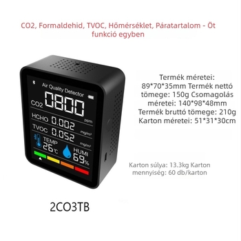 Bluetooth-képes CO2-detektor TVOC és formaldehid érzékeléssel, alkalmazással, 60 napos adatok tárolása, modell 2CO3TB-5-in-1
