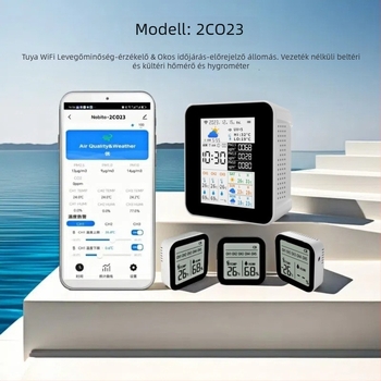 NOBITOR 2CO23 WiFi levegőminőség-érzékelő időjárási állomással – Beltéri/kültéri, PM2.5, hőmérséklet, páratartalom, 0-1000 tartomány
