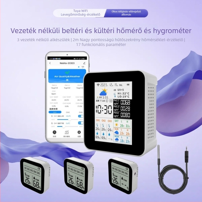 NOBITOR 2CO23 WiFi levegőminőség-érzékelő időjárási állomással – Beltéri/kültéri, PM2.5, hőmérséklet, páratartalom, 0-1000 tartomány