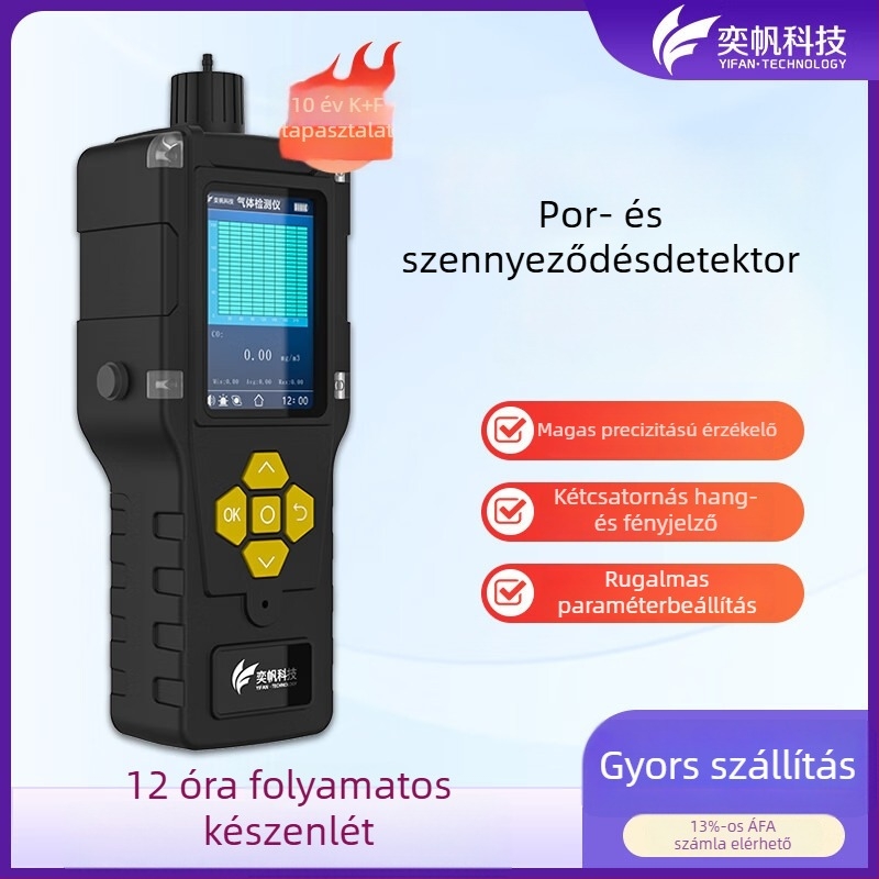 Kézi por- és részecskedetektor műhelyi kipufogóhoz, TSP detektor és VOC riasztás