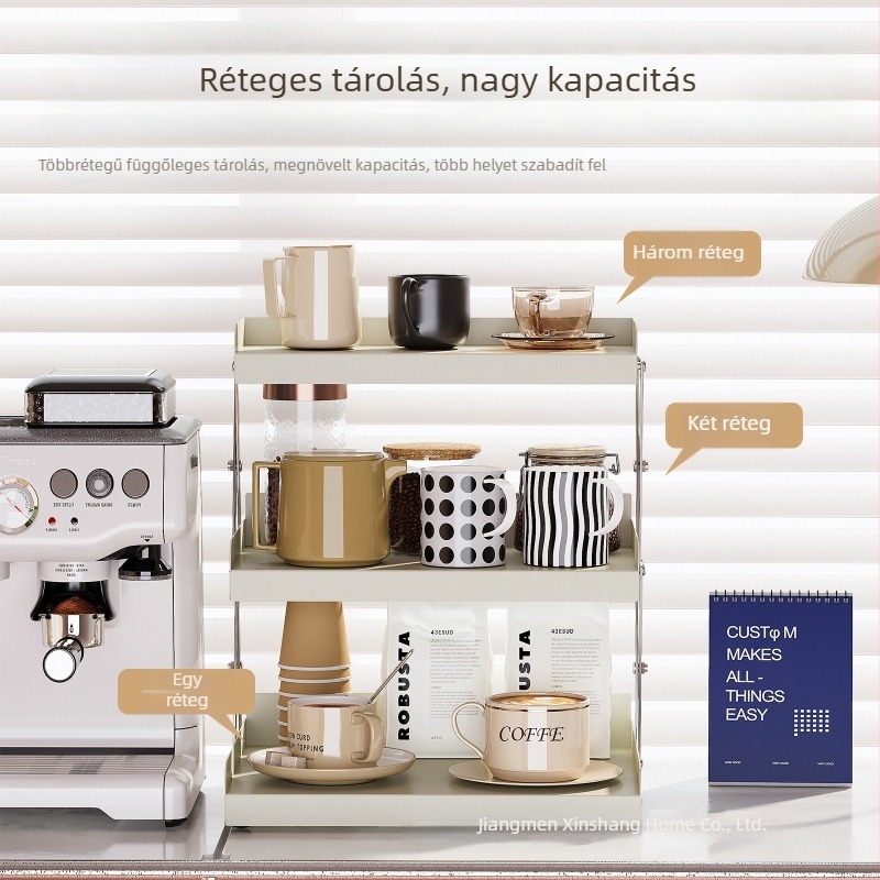 Asztali összecsukható 3-rétegű pohár- és kozmetikai tároló, vasművészet + rozsdamentes acél, modern minimalist stílus