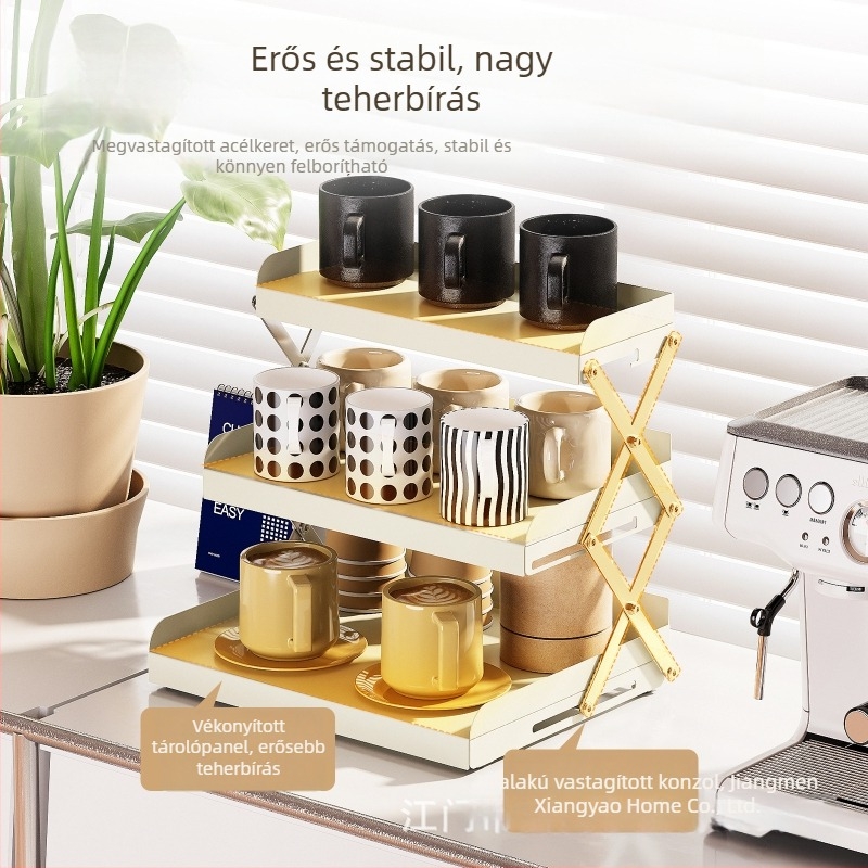 Asztali összecsukható 3-rétegű pohár- és kozmetikai tároló, vasművészet + rozsdamentes acél, modern minimalist stílus