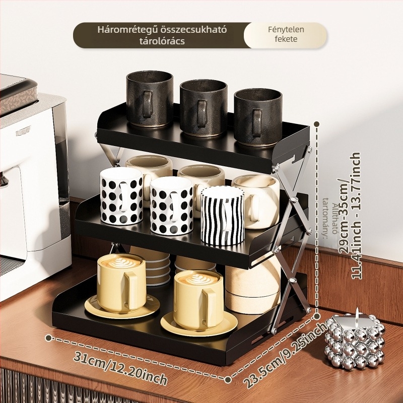 Asztali összecsukható 3-rétegű pohár- és kozmetikai tároló, vasművészet + rozsdamentes acél, modern minimalist stílus