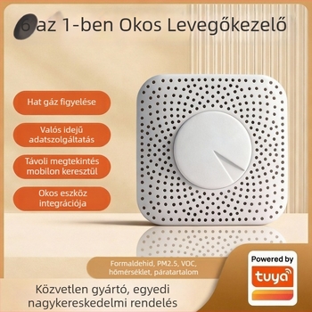 Hat az egyben okos levegőminőség-figyelő: PM2.5, formaldehid, VOC, CO2, hőmérséklet és páratartalom (beltéri terekig 100 m²)