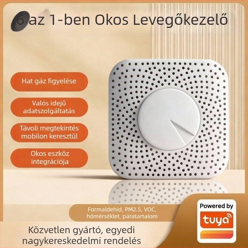 Hat az egyben okos levegőminőség-figyelő: PM2.5, formaldehid, VOC, CO2, hőmérséklet és páratartalom (beltéri terekig 100 m²)
