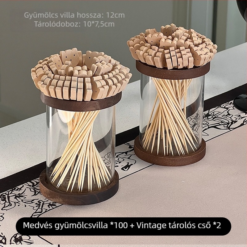 Egyszer használatos gyümölcs villák selyemvirággal díszítve; gyümölcsvillák tárolóval, mintázat 69850, egyszerű stílus.