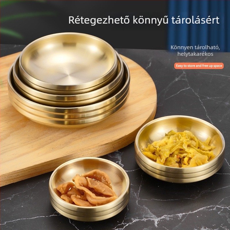 Koreai stílusú rozsdamentes acél szósz tál, kerek, elektroplatinal felülettel, retro dizájn, mikrohullámú sütőben használható, logóval ellátva