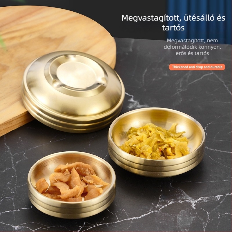 Koreai stílusú rozsdamentes acél szósz tál, kerek, elektroplatinal felülettel, retro dizájn, mikrohullámú sütőben használható, logóval ellátva