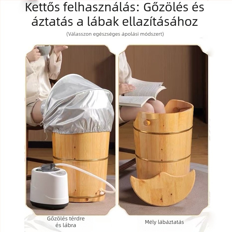 Tölgyfából készült lábáztatókád állandó hőmérsékletű fűtéssel, gőzfürdő és masszázsfunkcióval, otthoni használatra