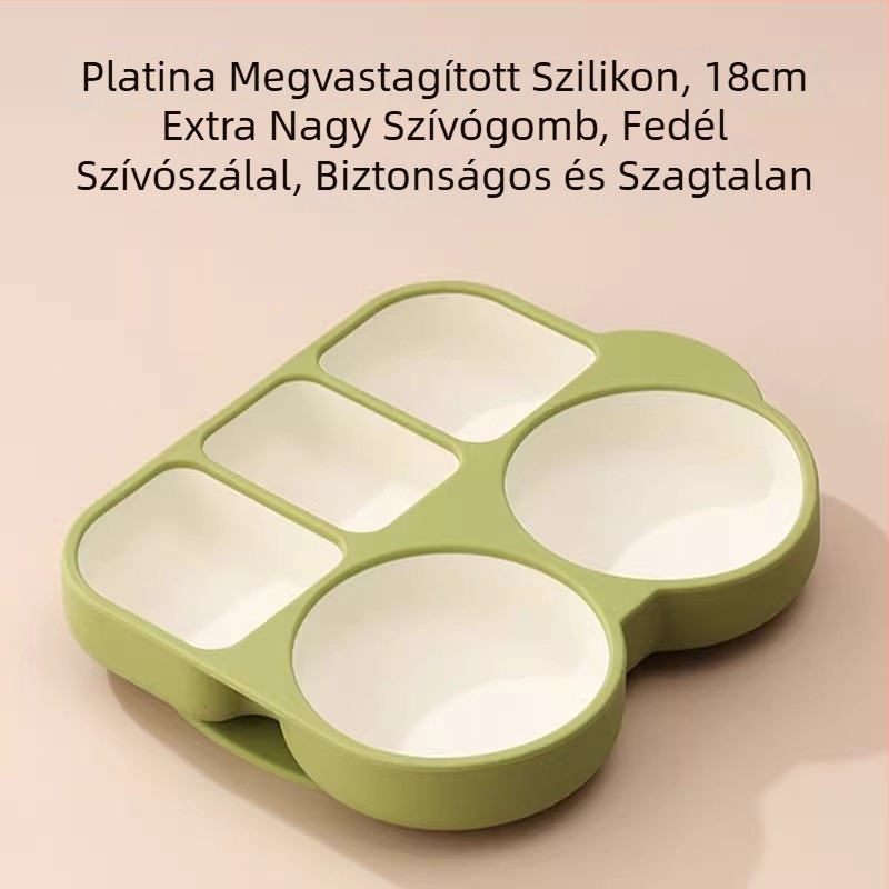 Szilikon baba étkezési készlet szívókoronggal — hőálló, rajzfilmszerű stílus, több darabból álló készlet rekeszekkel, 6 hónapos kortól