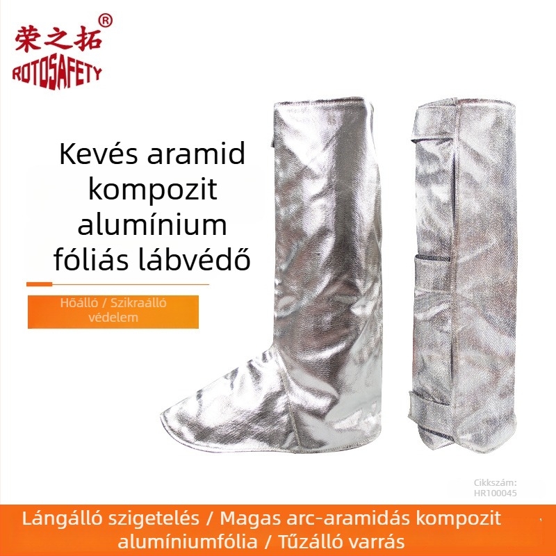1000°C-os alumínium fóliás talpvédő magas hőmérséklethez, tűzálló és lángálló, kovácsoláshoz/fröccsöntéshez használható, hosszabb lábszárvédő