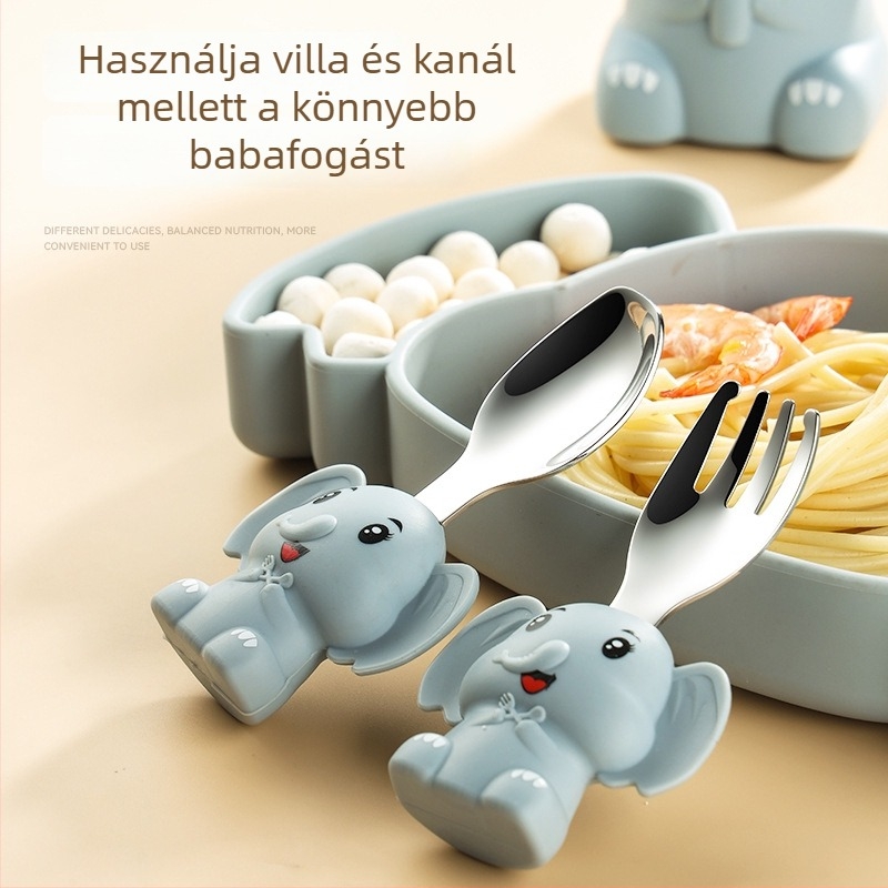 Szilikon gyerek étkészlet – elefántos mintázatú tányér és tál, 48 darabos készlet, 3 hónapos kortól