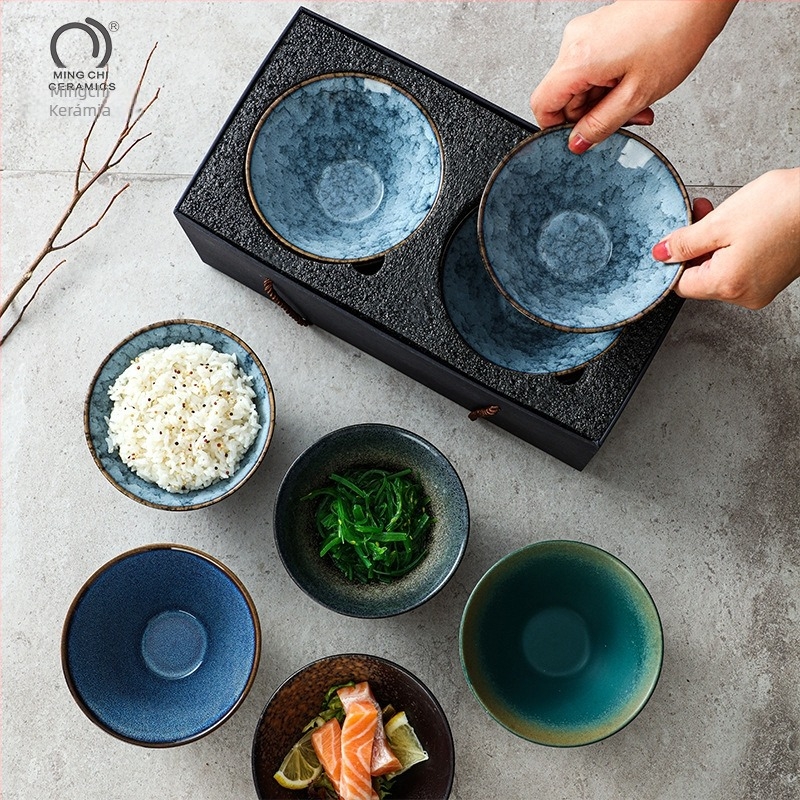 Porcelán japán stílusú rizs tál készlet, kör alakú, aláglazúros felület, mikrohullámú sütőben használható, testreszabható logó