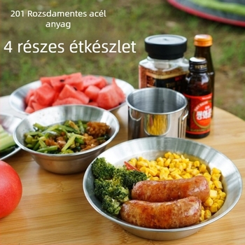 Kültéri rozsdamentes acél tál- és tányérkészlet, kör alakú, modern egyszerű stílus, 4 darab, logó nyomtatva