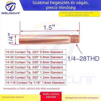 Két darabos vezető hegesztő-duza króm-zirkónium-cupr ötvözettel, Tweelex/Lincoln 200-400 A légkezelésű égőkhez; modellek 14-23/14-30/14-35/14-40/14-45/14-116