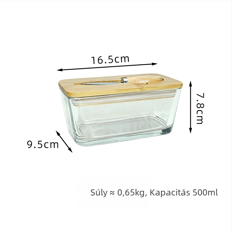 Üveg zárt doboz sajt- és vajtárolásra, fedővel, téglalap alakú