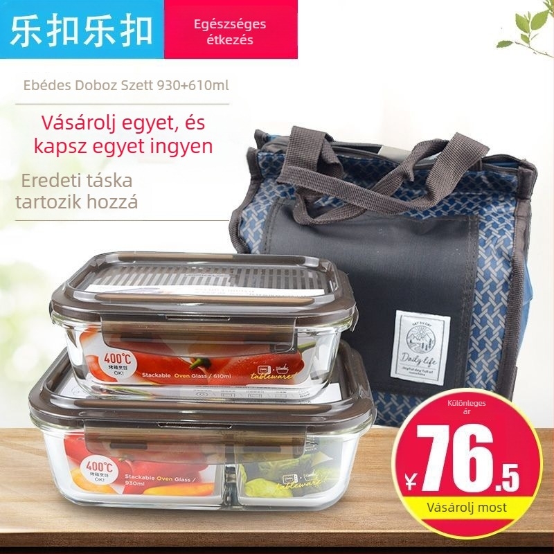 Téglalap alakú boroszilikát üvegből készült ételhordó osztóval, mikrohullámú sütőben használható, 800–1000 ml kapacitás, fedél, szivárgásmentes.