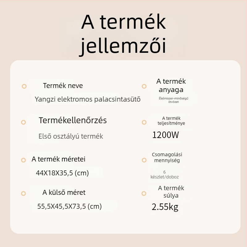 Yangzi elektromos palacsinta készítő, kétoldalú fűtés, lebegő serpenyő kialakítás, 220V, 1200W