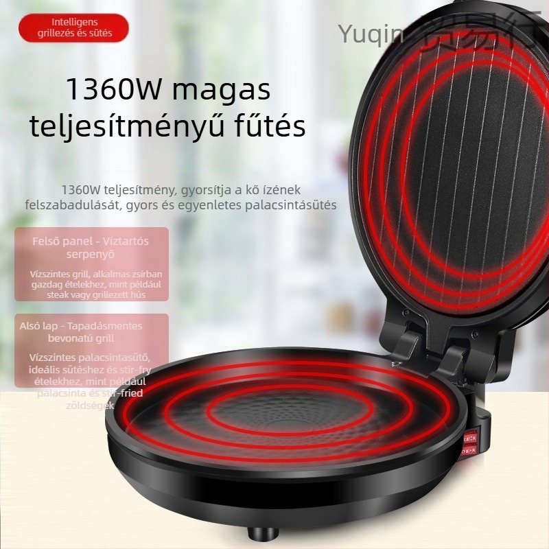 Elektromos palacsintasütő dupla oldali fűtéssel, 1200W, kristály panel, 2–3 fő számára