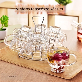 Virágos teás pohárkészlet üvegből, fogantyúval, vastag falú, hőálló, teához, gyümölcsléhez és tejhez