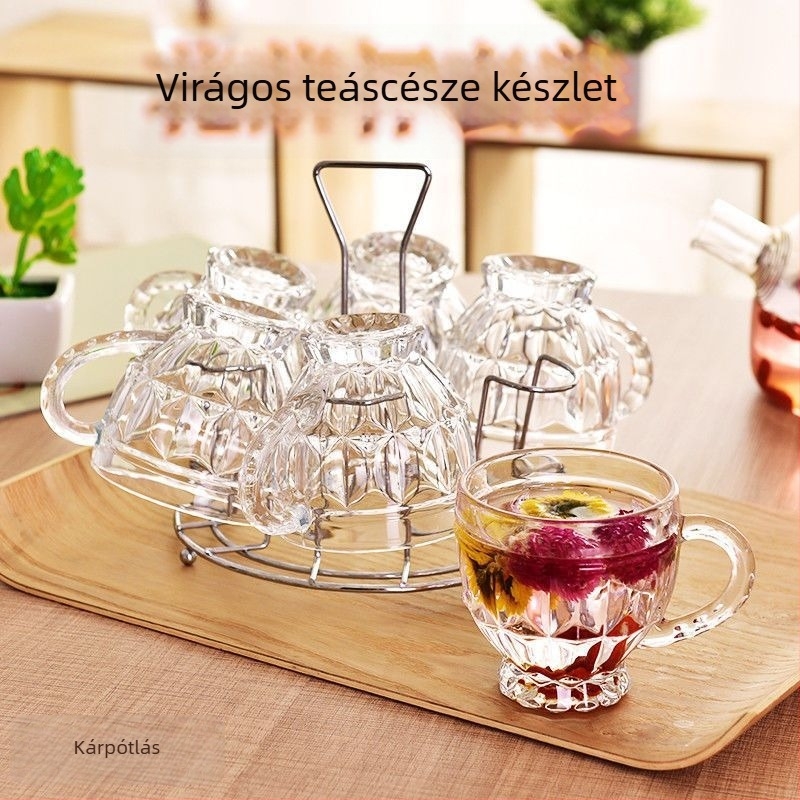 Virágos teás pohárkészlet üvegből, fogantyúval, vastag falú, hőálló, teához, gyümölcsléhez és tejhez