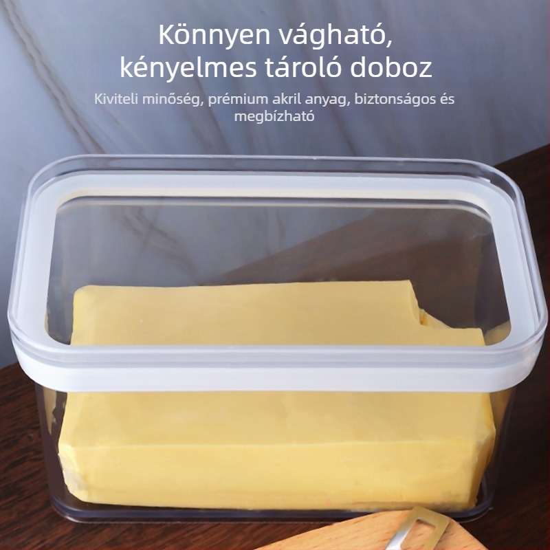 Sajt tároló doboz vágókészlettel, átlátszó, négyzet alakú, kapacitás 301–500 ml