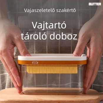 Vaj és sajt szeletelő tároló doboz fedéllel – modern egyszerű stílus; Anyagok: PC, PE, 304 rozsdamentes acél, PP
