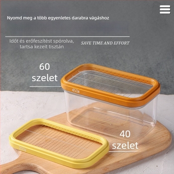 Vaj és sajt szeletelő tároló doboz fedéllel – modern egyszerű stílus; Anyagok: PC, PE, 304 rozsdamentes acél, PP