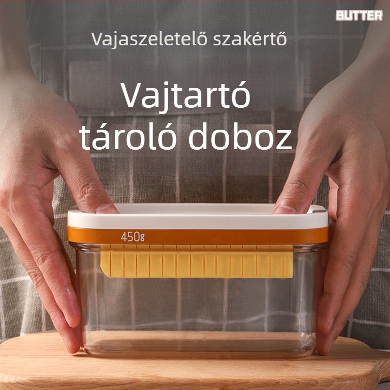 Vaj és sajt szeletelő tároló doboz fedéllel – modern egyszerű stílus; Anyagok: PC, PE, 304 rozsdamentes acél, PP