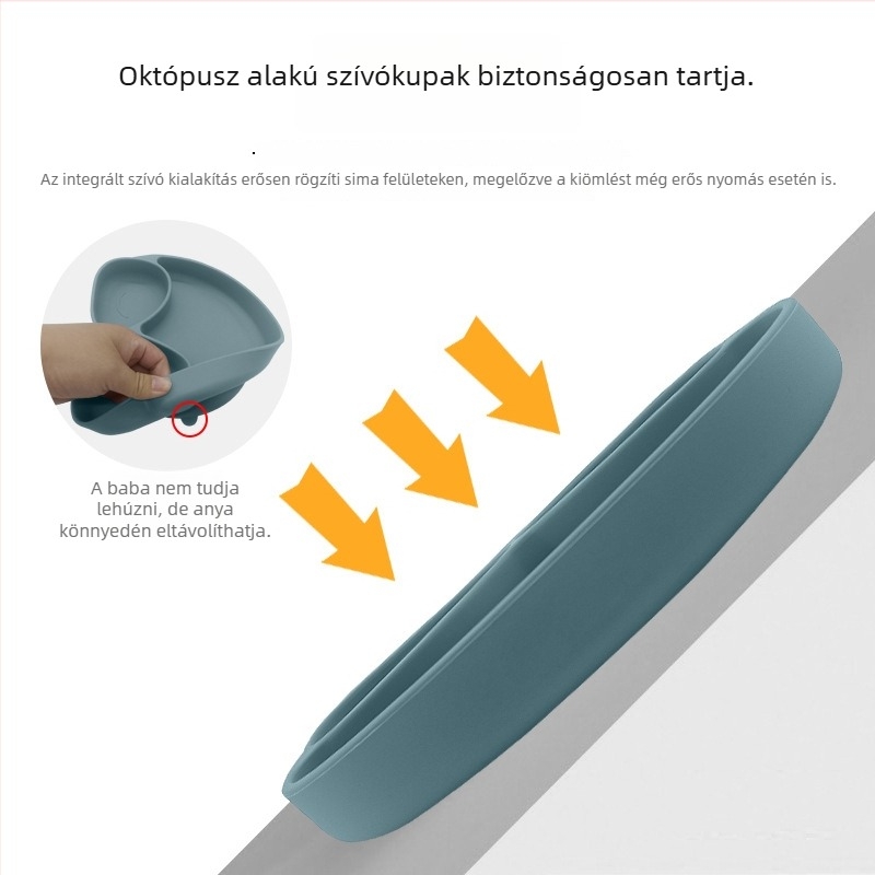 Bébiknek készült szilikonból készült integrált etető készlet erős szívóerővel, 3 részes, kanállal és villával.