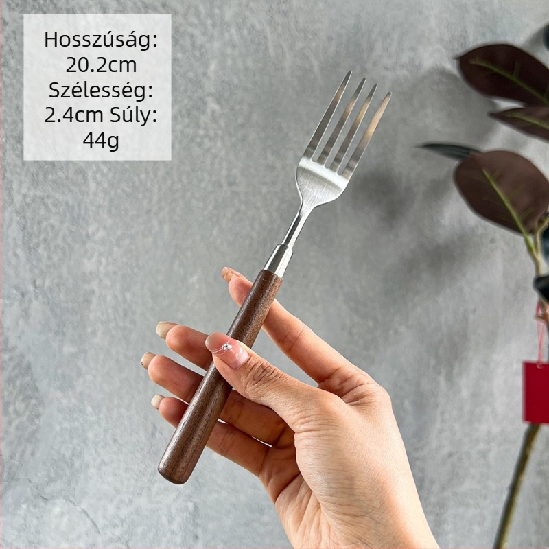 Diófa nyelű 304 rozsdamentes acél steak kés, villa és kanál szett – három darab, tükörfényszín, minimalist stílus