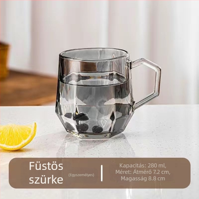 Üveg víz pohár fogantyúval, modern minimalist stílus, hőálló és szigetelő, hengeres forma, 300 g, otthoni használatra