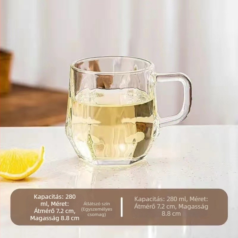 Üveg víz pohár fogantyúval, modern minimalist stílus, hőálló és szigetelő, hengeres forma, 300 g, otthoni használatra