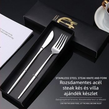 410 rozsdamentes acélból készült kés és villa készlet, tükrös polírozás, modern letisztult stílus, testreszabható