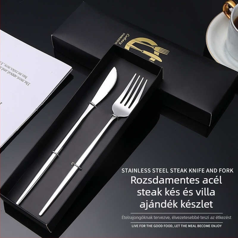410 rozsdamentes acélból készült kés és villa készlet, tükrös polírozás, modern letisztult stílus, testreszabható