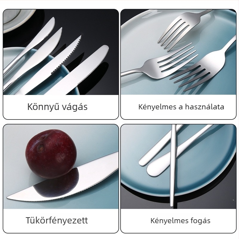 410 rozsdamentes acélból készült kés és villa készlet, tükrös polírozás, modern letisztult stílus, testreszabható