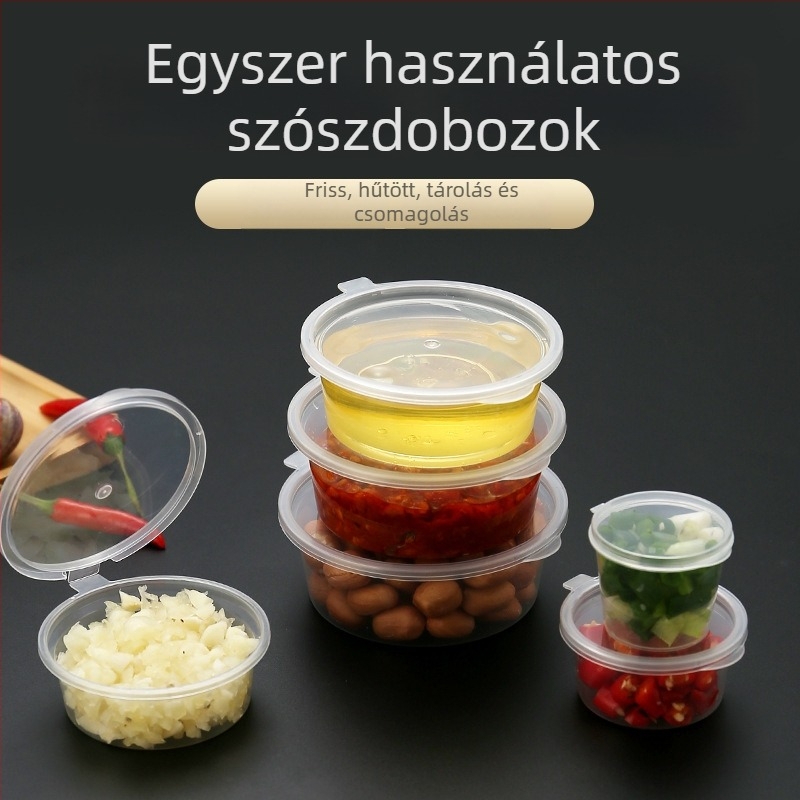 Egyszer használatos szósz poharak és szósz dobozok, PP kör alakú csomagoló dobozok, mikrohullámú sütőben használható, testreszabható, 100-as csomag