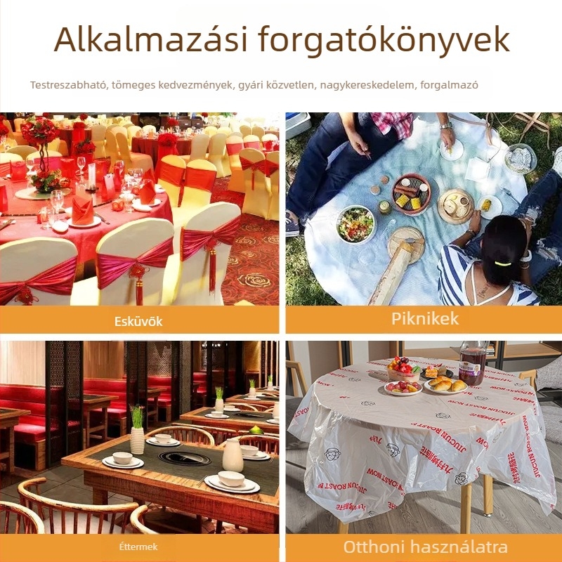 10 darabos vastagított egyszer használatos műanyag asztalterítő, vízálló, esküvői és bankett célokra, kör- és téglalap alakú asztalokhoz.